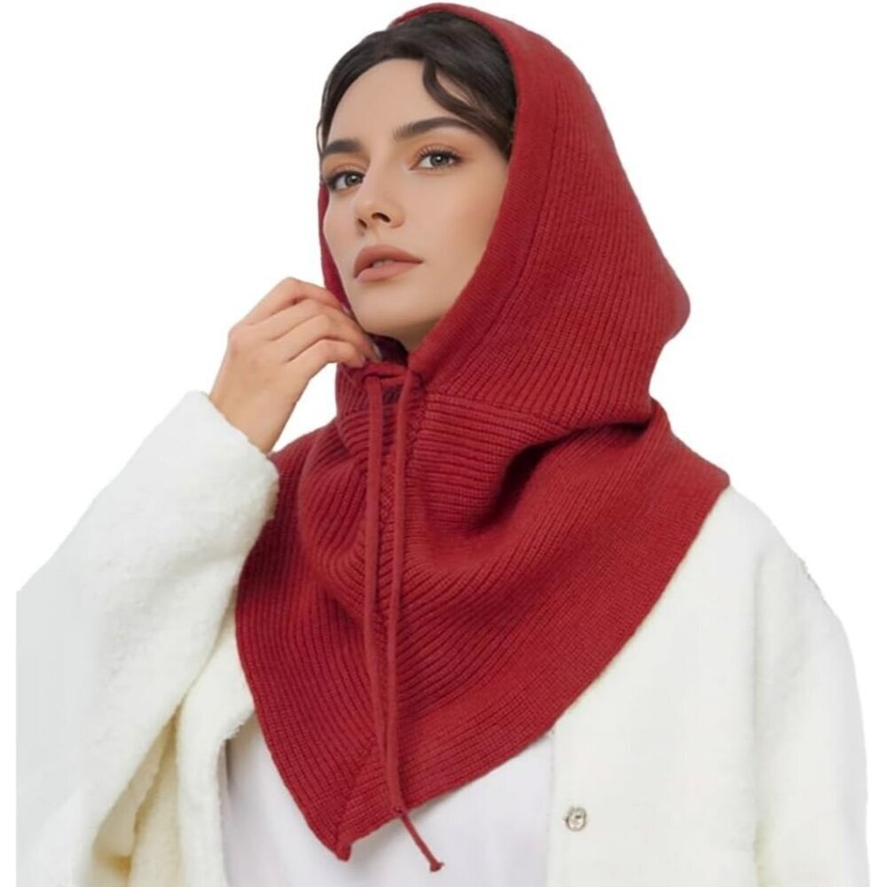 Women Red Hooded Scarf Winter Beanie Hats Beanies Knitted Crochet Hat